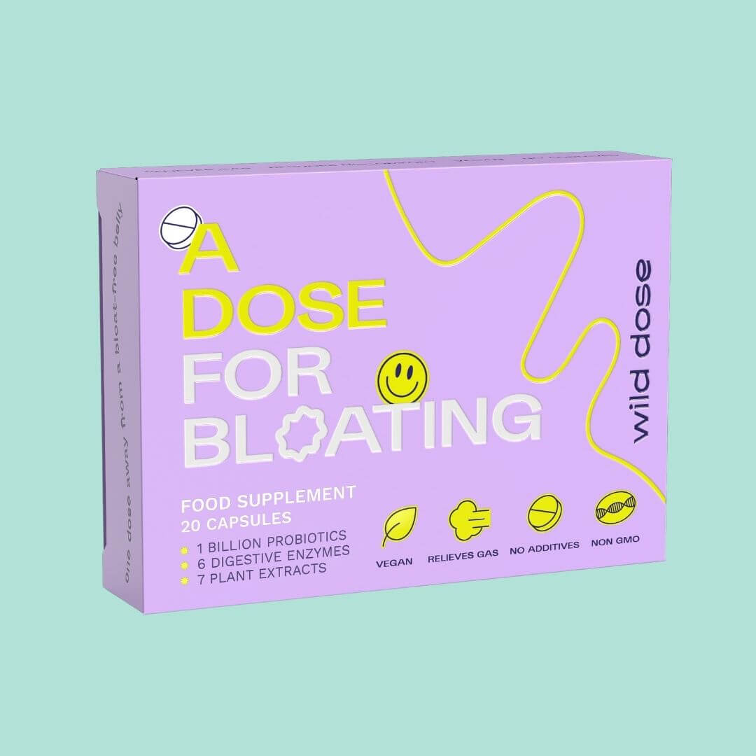 Purple box of Wild Dose bloating supplements with award badge.