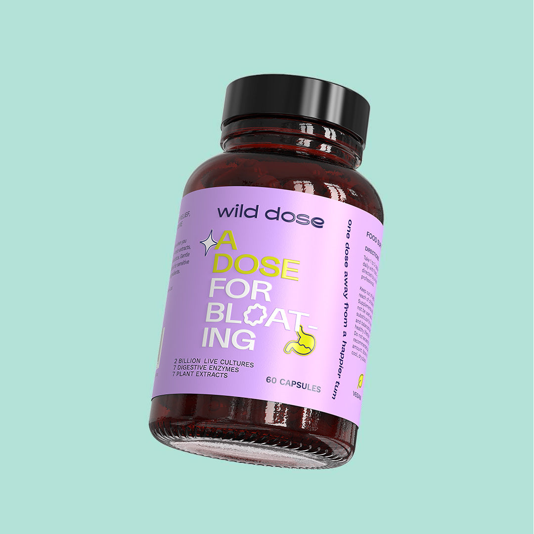 Wild Dose bloating supplement box with award badge.