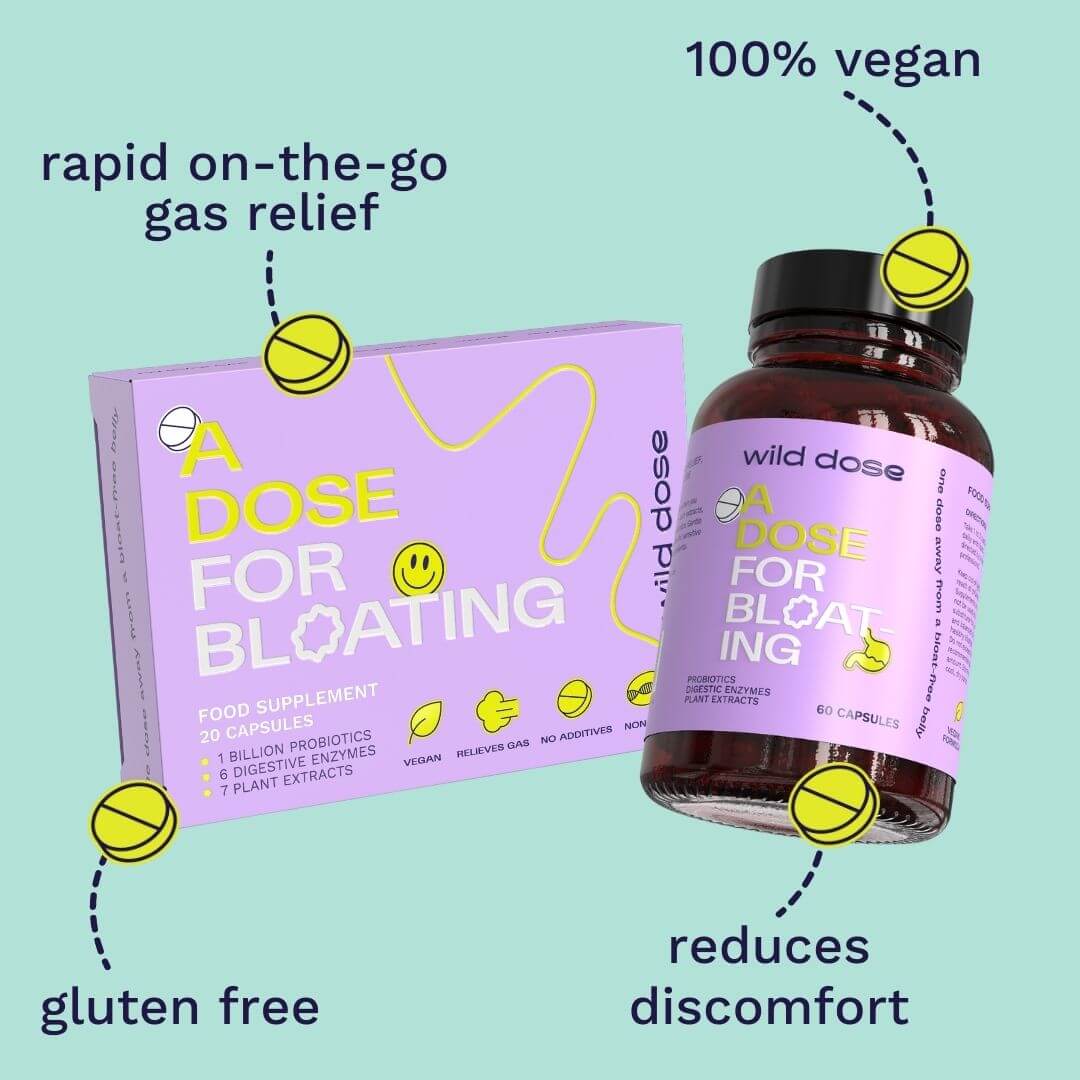 Wild Dose bloating supplement box with award badge.